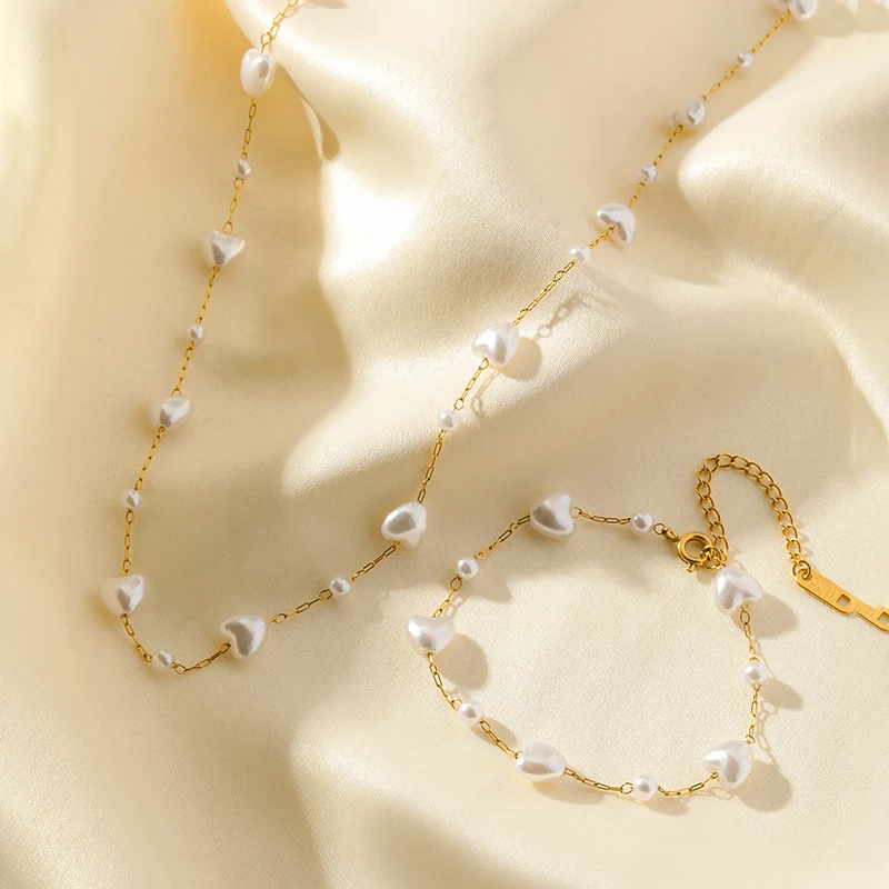 EILIECK 316L Edelstahl Herzförmige Perlenkette Armband-Set Modischer Goldfarbener Wasserdichter Schmuck für Frauen Mädchen Geschenk – Detail 13