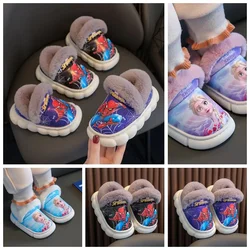 Disney Winter Children Cotton Slippers Kids Cartoon Spider Man Frozen Elsa Non Slip Warm Plush Baby Boys Girls Indoor Home Shoes