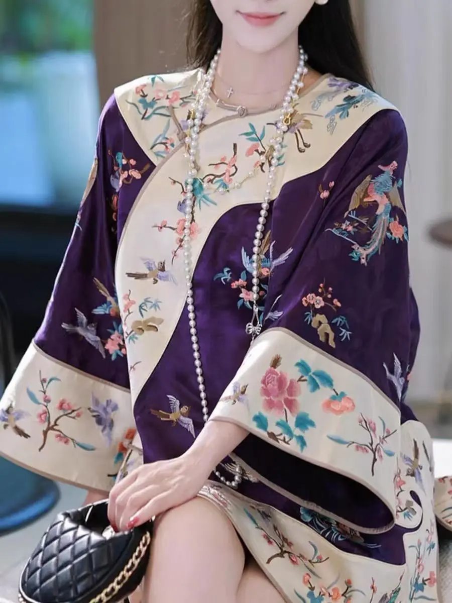 

New Chinese Style Retro Zen Printed Purple Tang Suit Top Women's Autumn Winter Side Button round Neck Lady's Clothing
