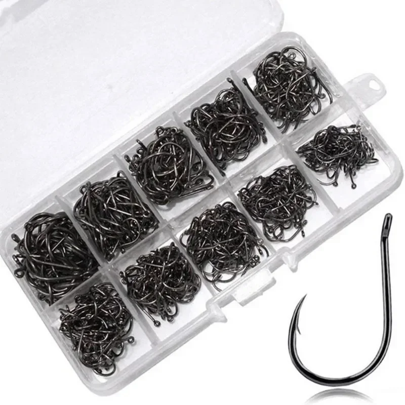 High Carbon Steel Fishing Hooks Set, Carpa Anzol com Tackle Box, água salgada, água doce, acessórios de pesca, 100pcs por caixa