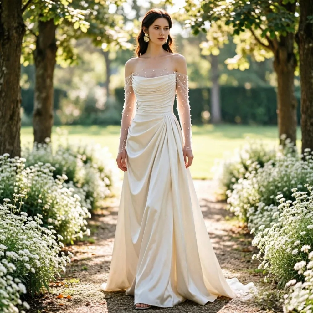Customized Off Shoulder Tulle Sleeve Pearl Embellished Satin Evening Dresses Ruched Bodice Twist Waist Flowy Maxi Evening Gown
