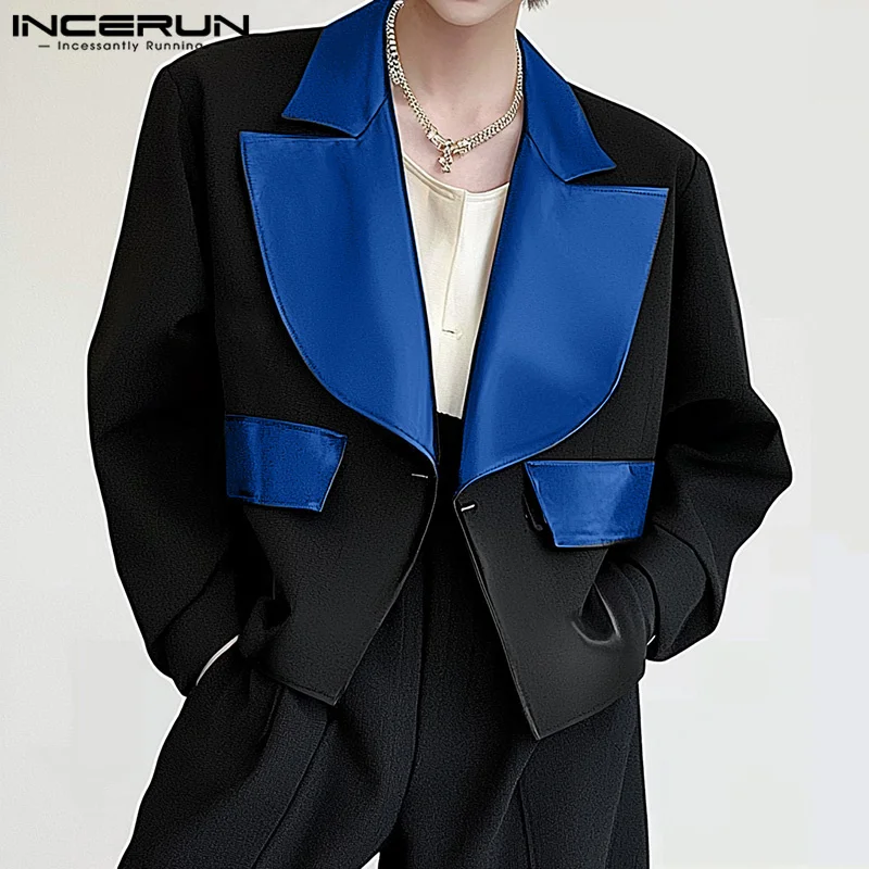 INCERUN Tops Korean Style Fashion Men Patchwork Suede Leather Design Suit Coats Casual Streetwear Male Solid Long Sleeved Blazer