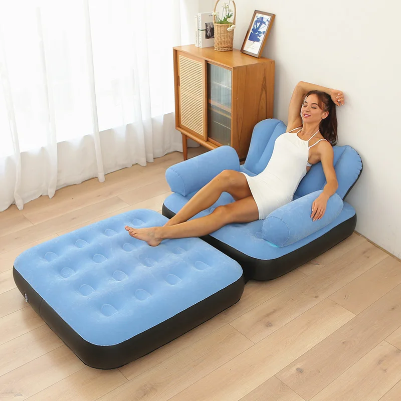 Five-in-One Foldable Inflatable Bed Sofa Thick Flocking PVC Couch Lounger Bed Mattress Leisure Recliner