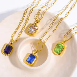 Vintage Colorful Square Crystals Pendant Necklace for Women 18K Gold Plated Paper Clip Link Chains Punk Stackable Chokers Gifts