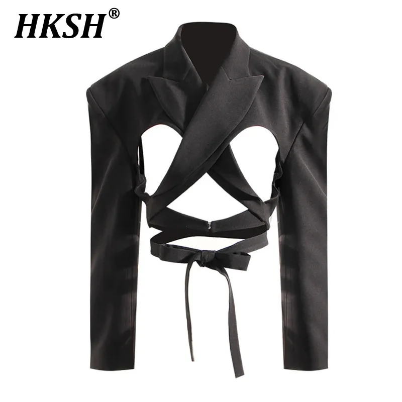 HKSH Women's Tide Dark Hollow Out Waistband Short Jackets Lapel Long Sleeve Loose Blazer Fashion Trend 2024 Spring Summer HK3064