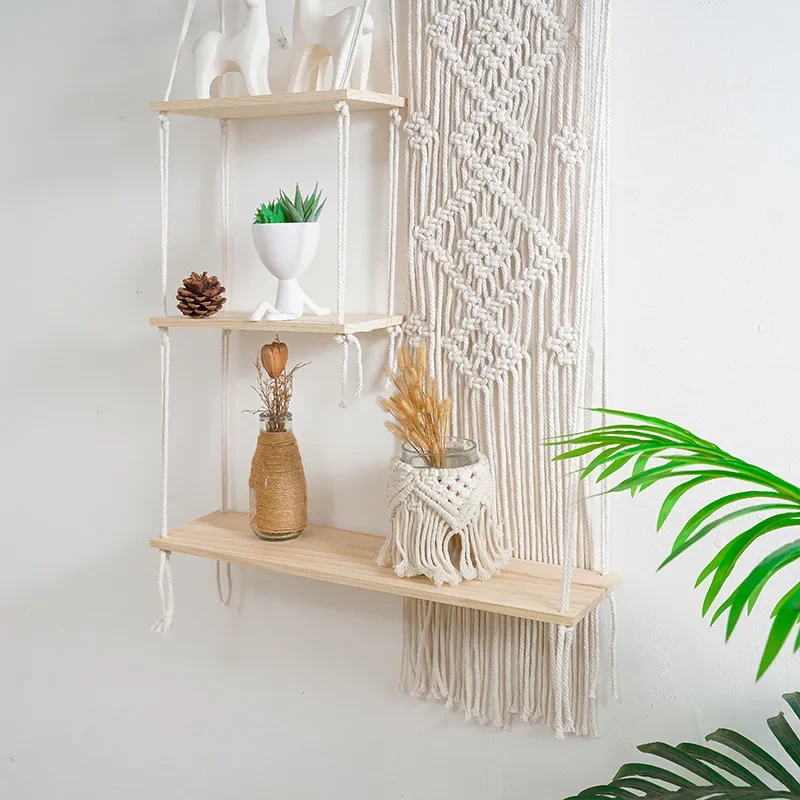 Boho Macrame Wall Hanging Shelf 3 Tier Handmade Woven Wood Organizer Shelves Wall Floating Plant Hanger for Home Decor