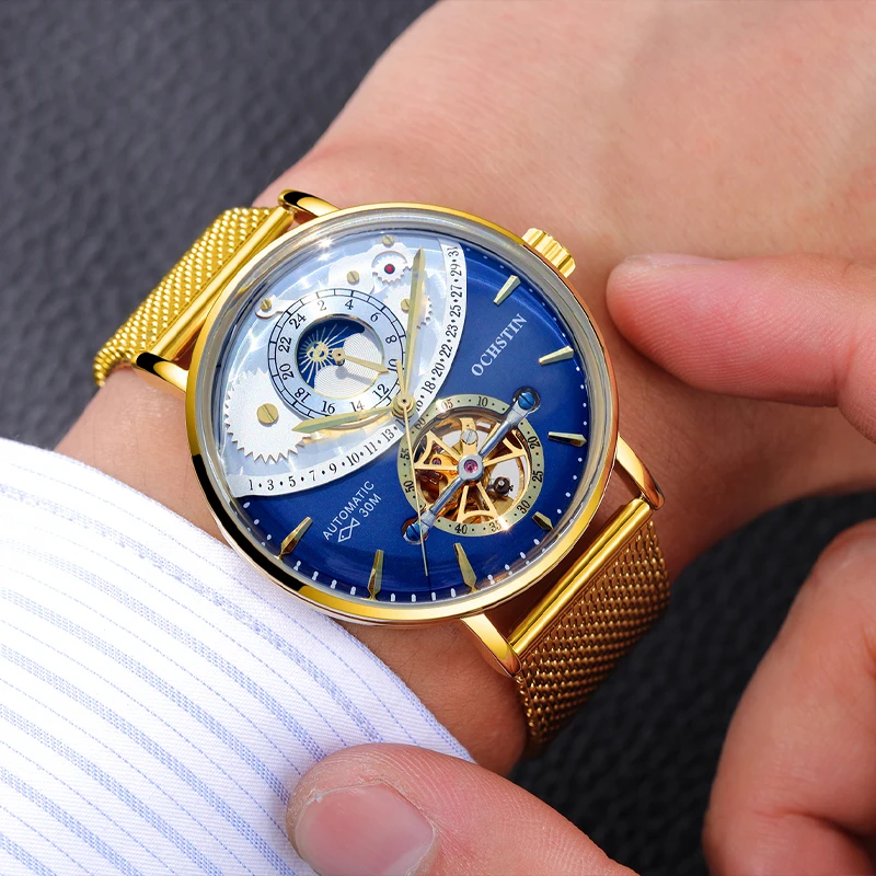 

Мужские механические часы OCHSTIN серии Masterpiece с трехмерным циферблатом, стальным сетчатым ремешком, функцией фаз луны и турбийоном