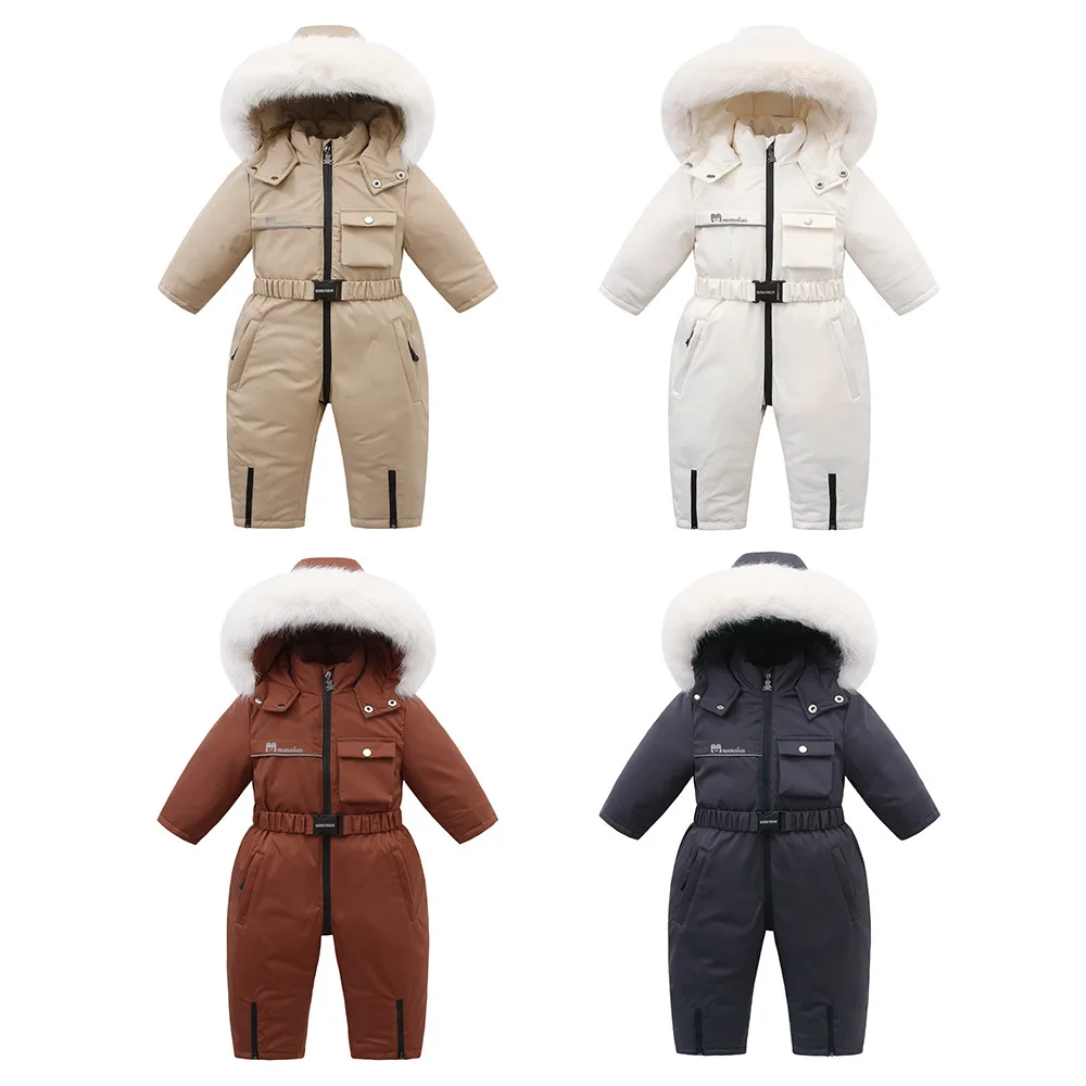

YBFSKID Winter Kids Girls Snowsuit Cotton Padded Thicken Infant Babys Girls Down Jackets Faux Fur Toddler Girls Overalls Outfits