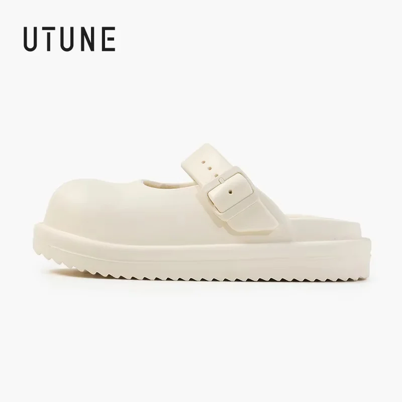 

UTUNE Cute Mary Jane Shoes for Women Breathable Perforated Design EVA Beach & Camping Non-Slip Sandals Trendy Cream White Slide