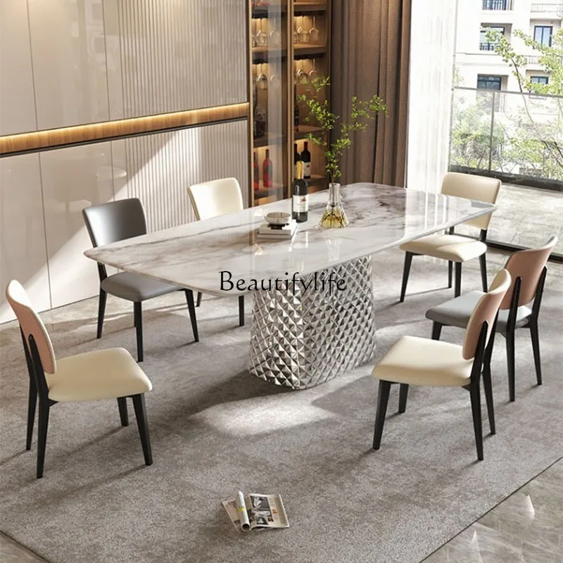 

Natural marble dining table and chair combination light luxury villa high-end luxury stone colored spar rectangular dining table