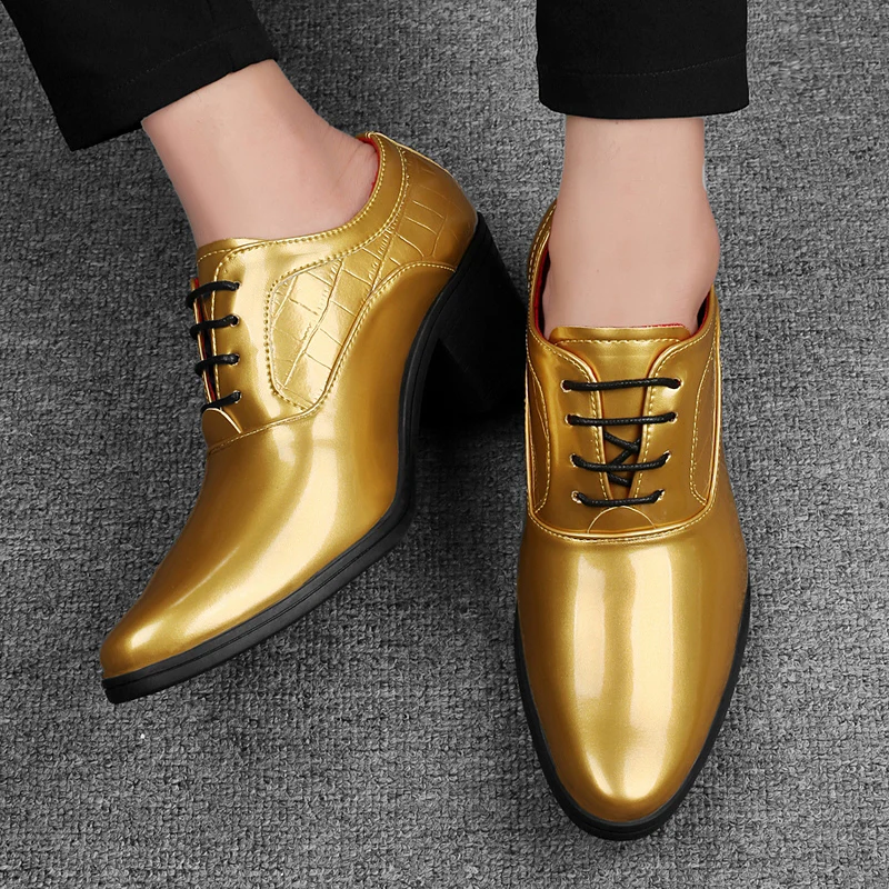 British Style Men's High Heel Shoes Gold Color Low Cut Pointed Toe Casual Fashionable Increase Height Shoes Leather 
