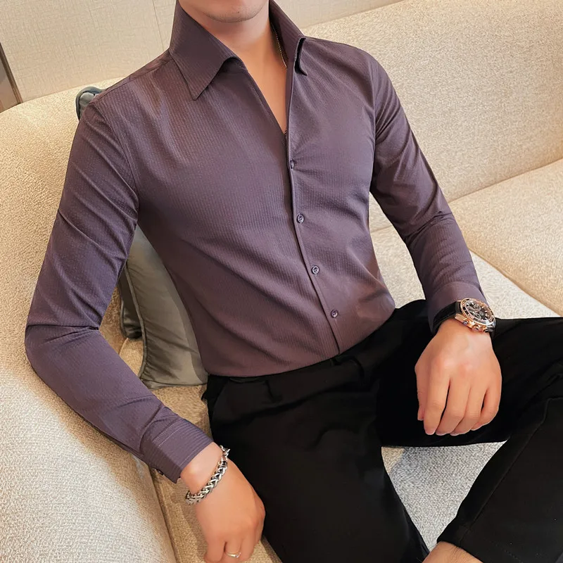 

2024Spring New Fashion Sexy V-neck Pure Color Slim Fit Shirts Mens Casual Luxury Long Sleeve Party Wedding Business Dress Shirts