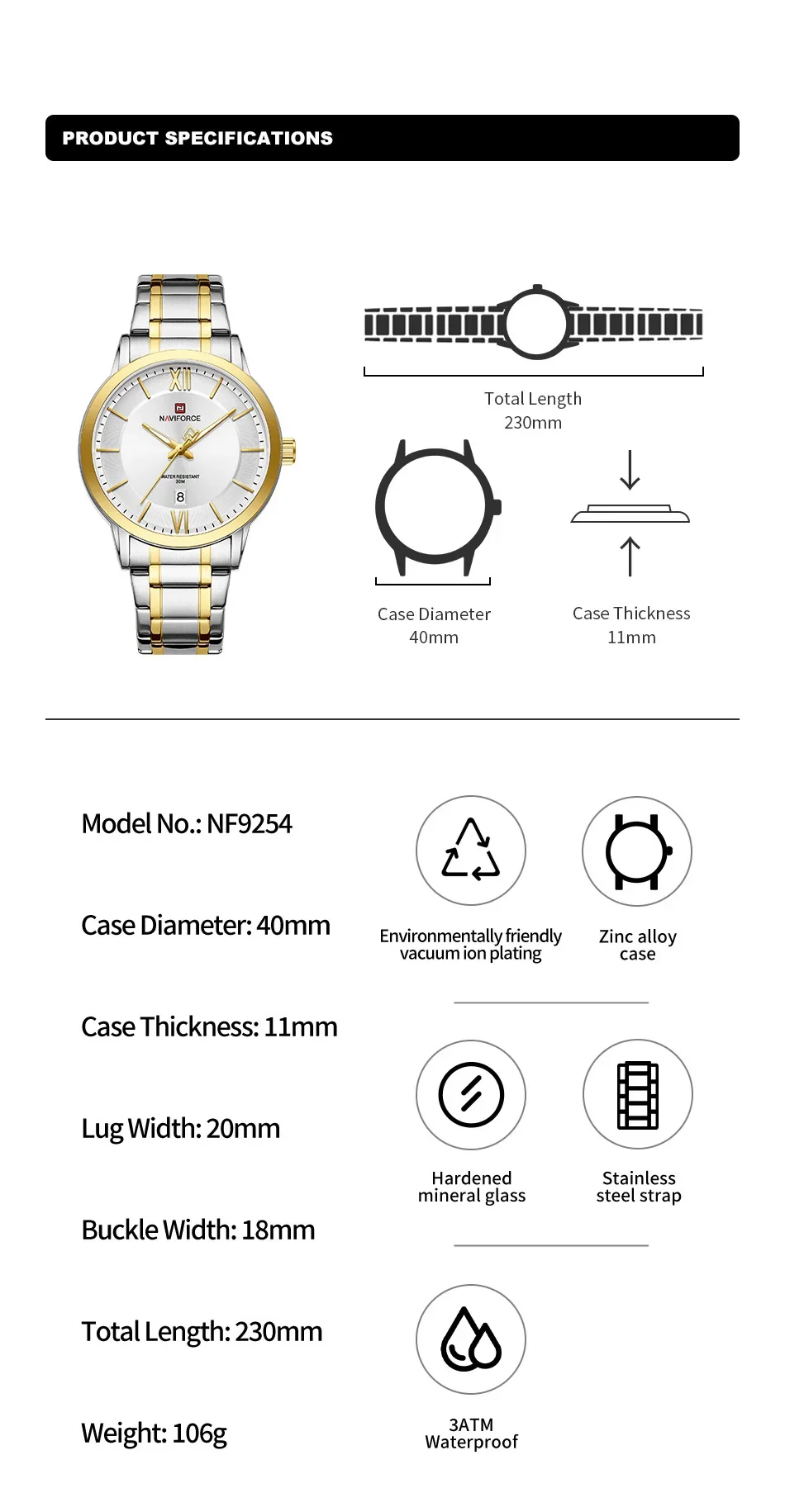 NAVIFORCE NF9254 Men's Quartz Watch Simple Fashion Business Calendar Display Stainless Steel Strap 3ATM Waterproof Watches