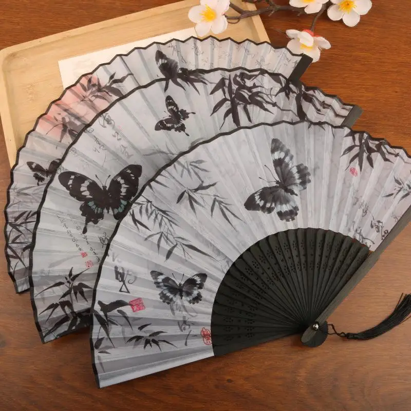 Butterfly Pattern Bamboo Folding Hand Fan Chinese Style Tassel Accent for Holidays and Collectibles