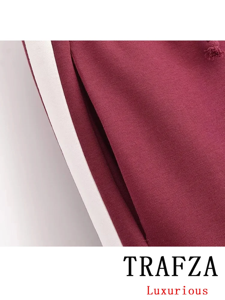 TRAFZA Vintage Casual Chic Women Suit Solid Stand Collar Zipper Top Loose Long Drawstring Pants New Fashion 2024 Holiday Sets