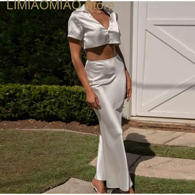 

New Elegant Crop Top Skirts Sets Women Summer Turndown Collar Shirt Midi Skirts Female Suit Fashion White Two Piece Set Women