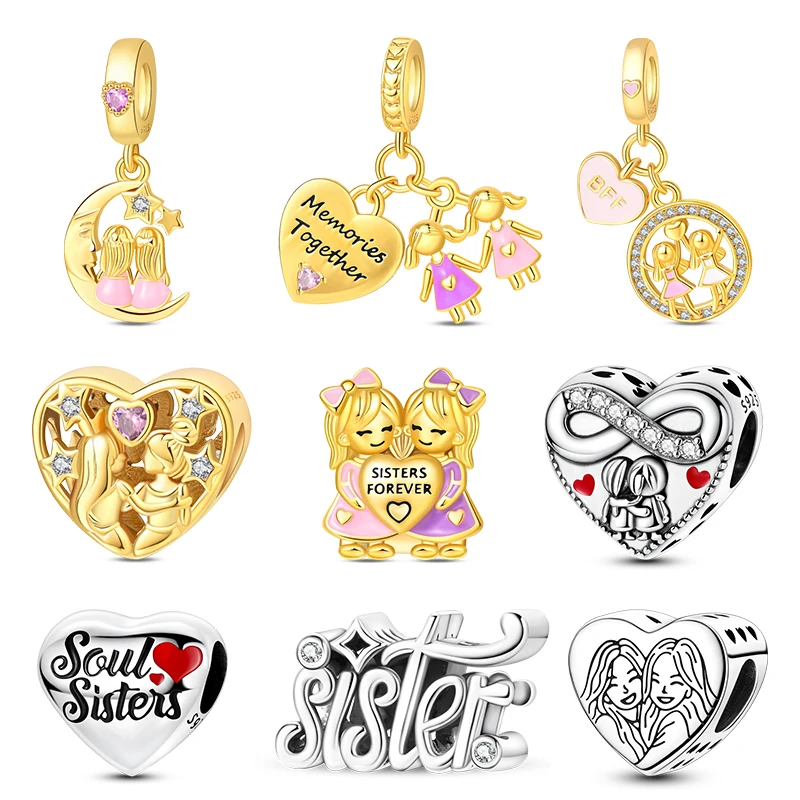 Soul Sister Friendship Charms Bead 925 Sterling Silver Heart Shape Charm CZ Zircon Women Bracelet Jewelry Gift For Best Friend