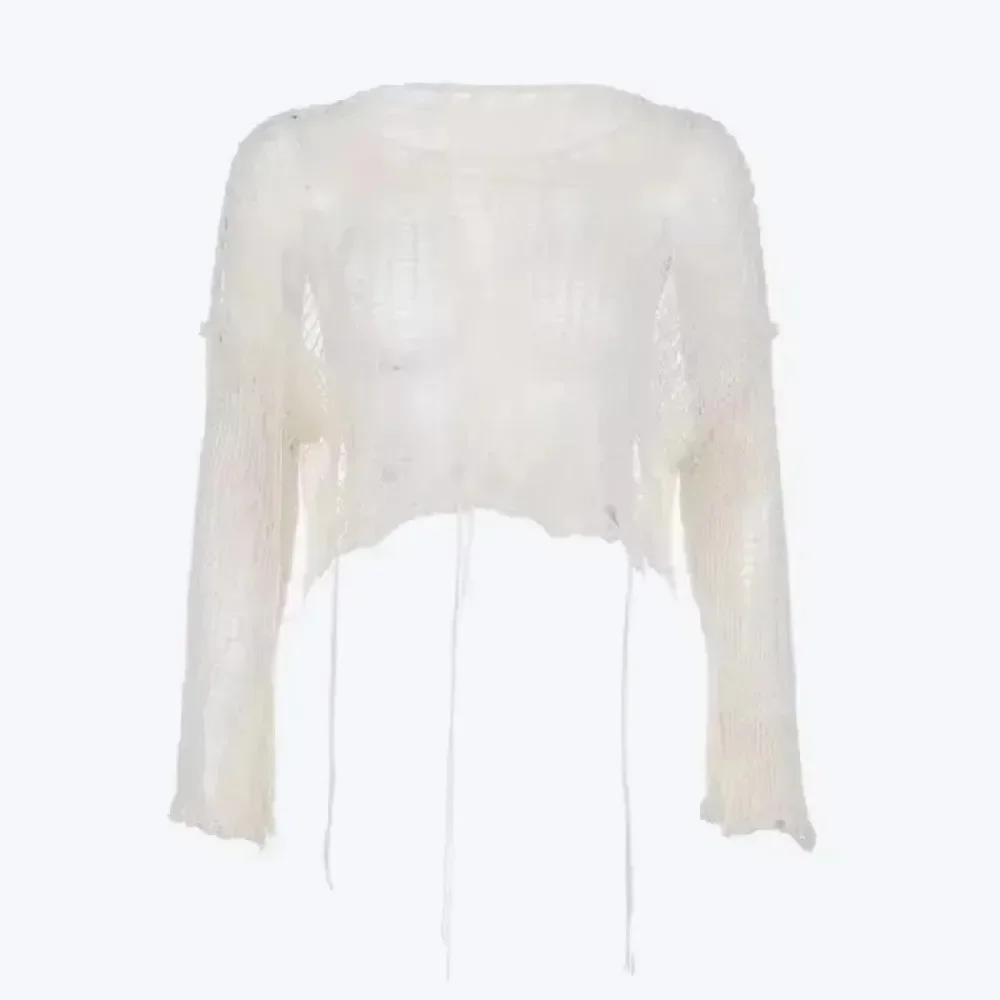 Cropped Hole Sweater Sexy Gyaru Hollow Out Knit Pullovers Goth Korean Long Sleeve Jumper Summer Fashion Sheer Knitwears Tops view 6