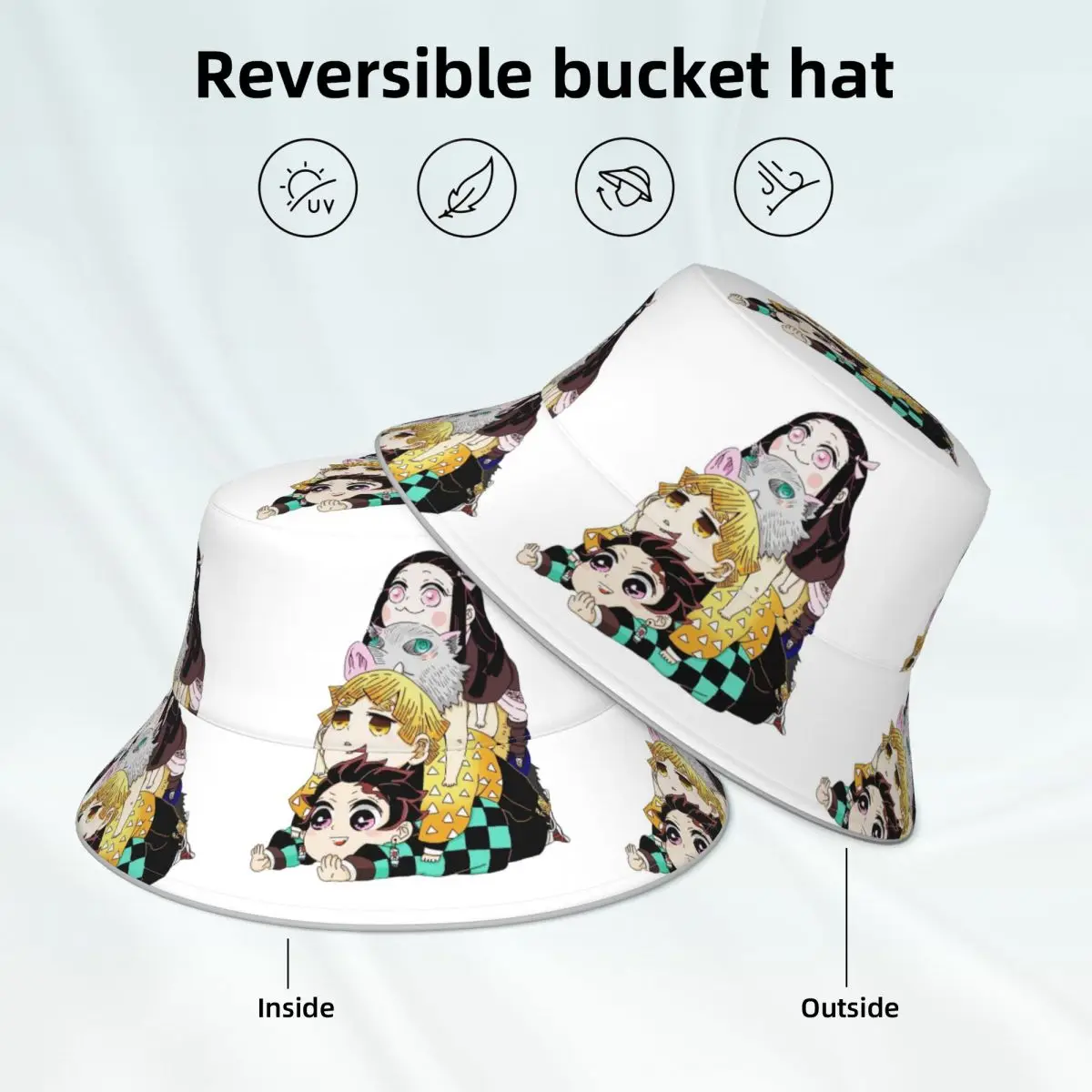 Demon Slayer Best Friends Bucket Hat Kimetsu no Yaiba Classic Streetwear Fisherman Hats Reversible Custom Reflective Sun Hat