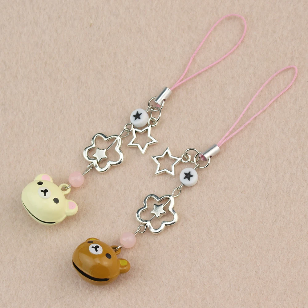 Cute Rilakkuma Bear Bell Matching Phone Charms Y2K Handmade Star Hanging Chain Kawaii Beaded Mobile Pendant Cardbook Keychain