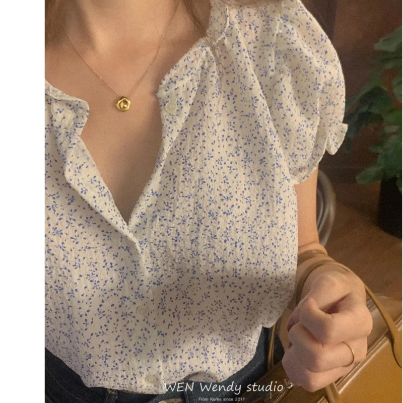 2024 New Summer Korean Version Fashionable and Sweet Short Sleeved Blouses Round Neck Printed Pleated Button Women's Shirt Top