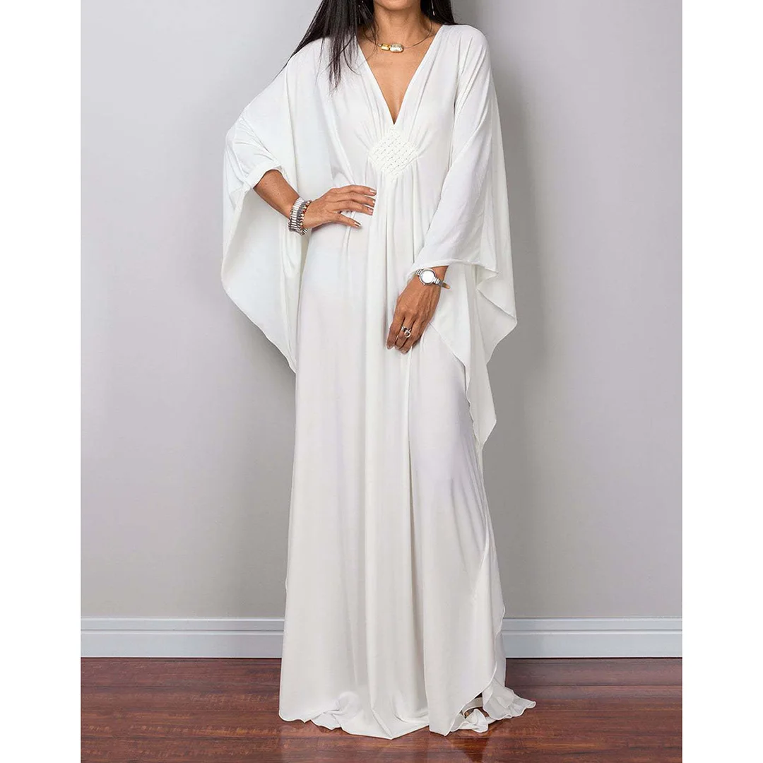 Langes Kleid im Stil einer griechischen Göttin, Tunika mit Fledermausärmeln, Strandkleid, Strandtuch, Strandmode, Kaftan, Maxikleid V4427 – Detail 12