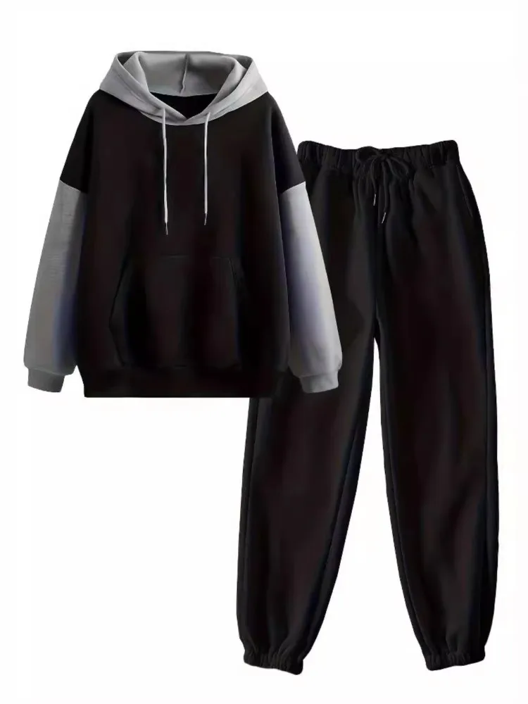 Mujer Otoño Invierno nuevo traje con capucha de bloqueo de Color sudadera bolsillo moda elegante Casual vacaciones trajes de dos piezas Mujer