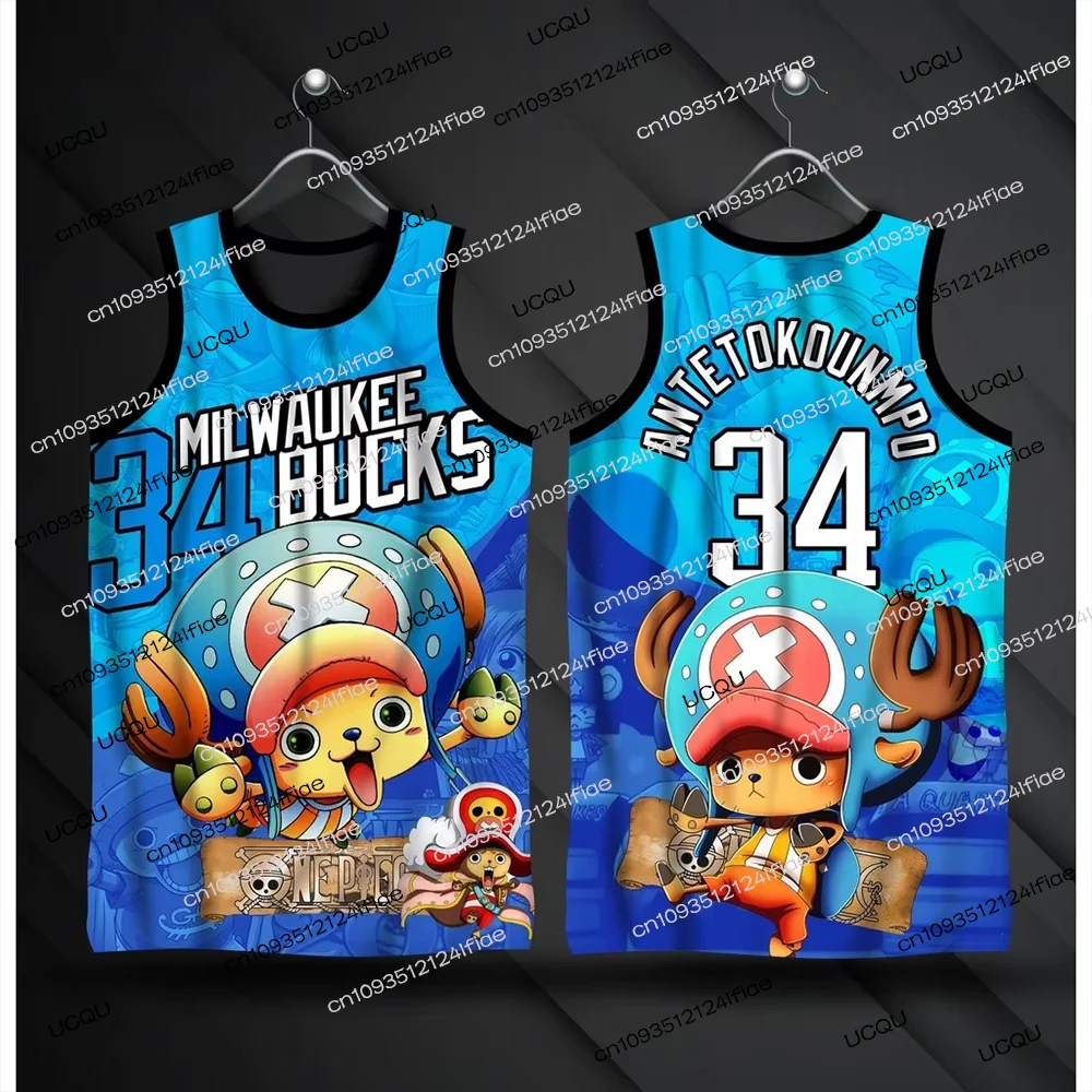 2026 Anime nuevo One Piece Diseño especial Giannis Antetokounmpo # 34 Camiseta de baloncesto Ropa deportiva de baloncesto para niños Chaleco casual para hombres