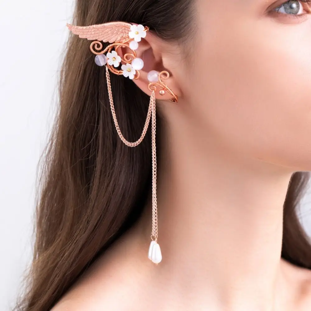 Left Ear Right Ear Goth Alloy Elf Ear Clip Crystal Elf Ear Long Tassel Earrings Charm Hollow Out Wings Ear Cuff Carnival