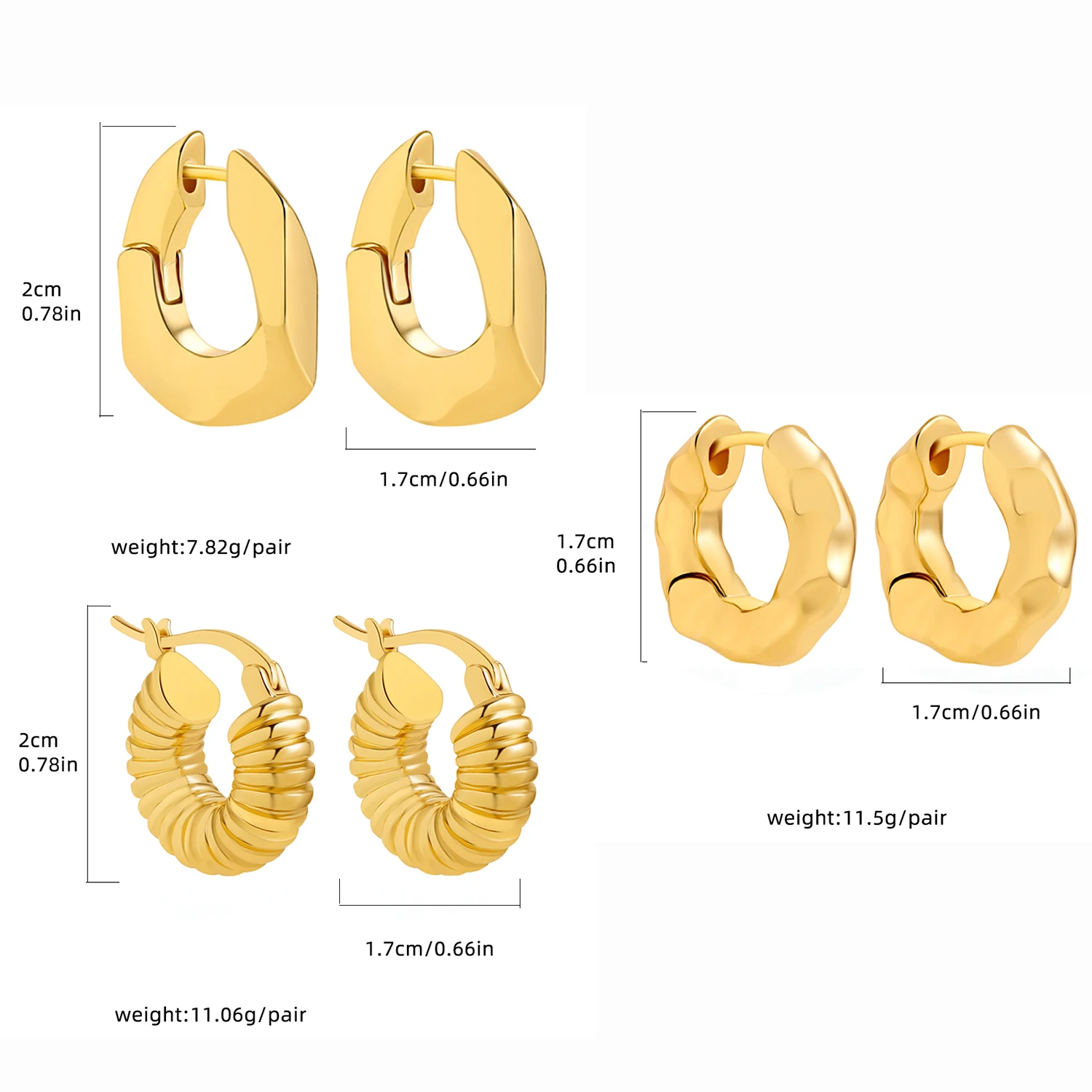 Minimalist 18K Gold Plated Chunky Hammered Huggies Earrings for Women Geometric Twisted CZ Zirconia Ear Buckles Punk Jewelry