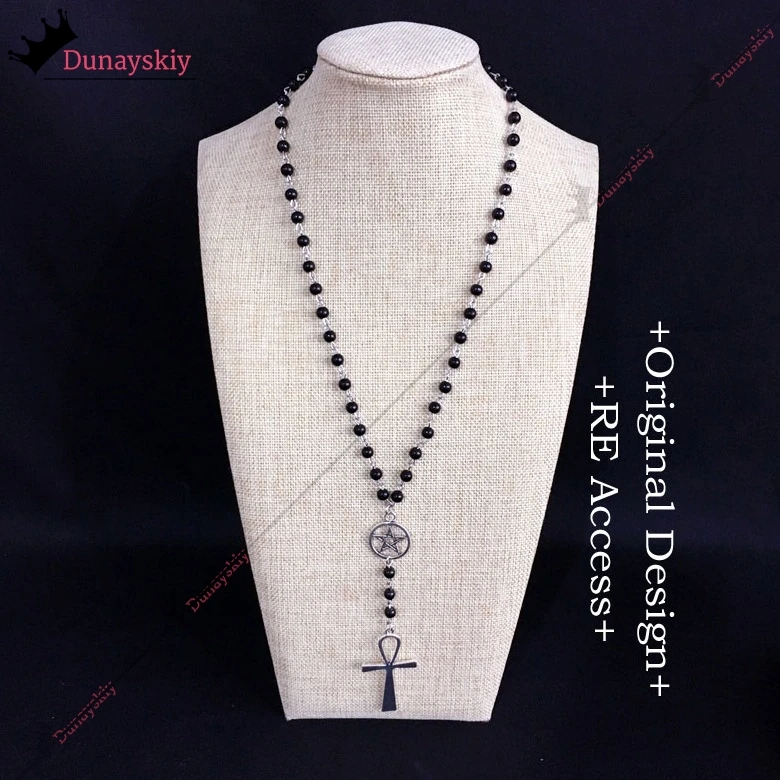 アンクと五芒星のロザリオネックレス,女性用,ロリータドレス,コスプレアクセサリー,ブラックビーズ,チャームジュエリー,ギフト