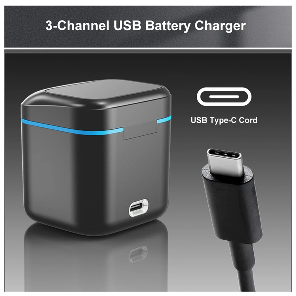 3-Channel Battery Charger with Type C Cable Fast Charger Fast Charging Charger for Hero 8 7 6 5 Camera Accessories