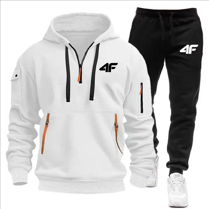 Men's tracksuit zipper hood multi-pocket and protective pants casual jogging tracksuit fall/winter 2-piece setLarge size S-3XL