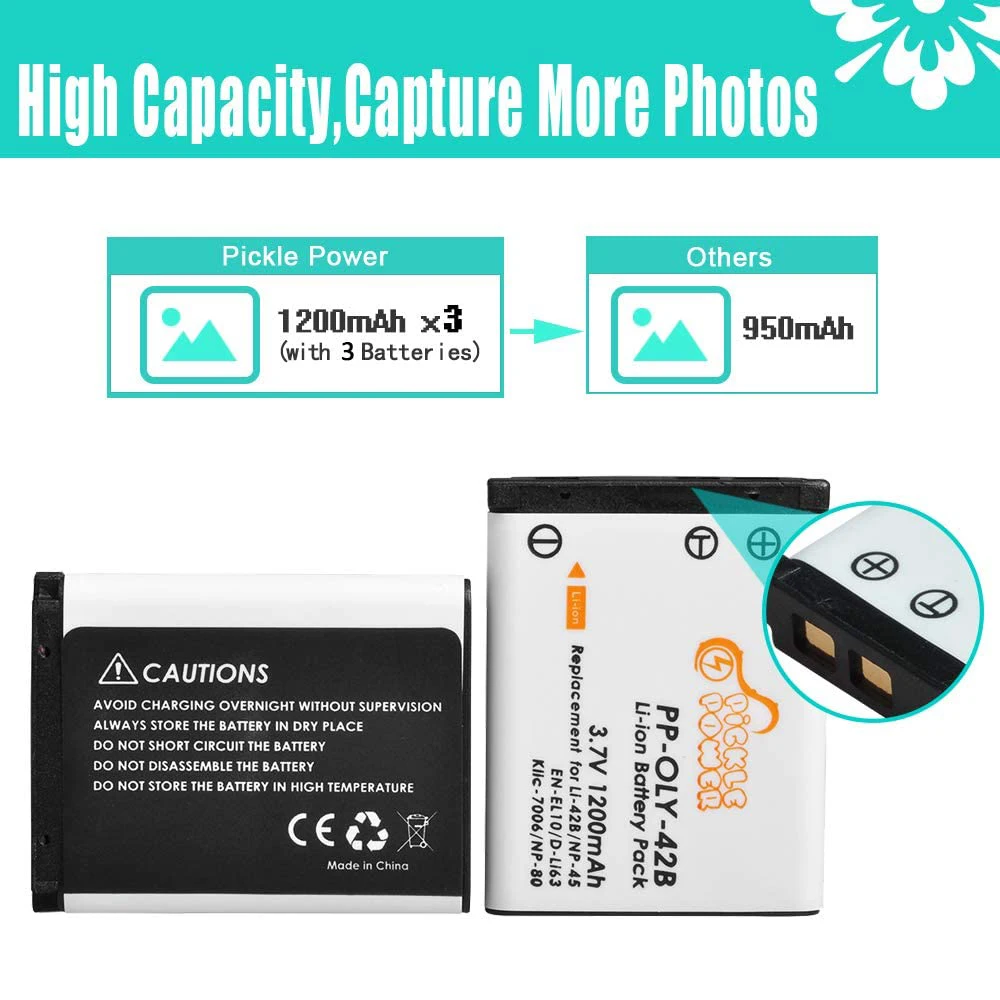 EN-EL10 Battery for Olympus Li-40B 42B Fujifilm NP-45 Kodak K7006 Pentax D-LI63, 3-Slots USB Charger for Li-42B