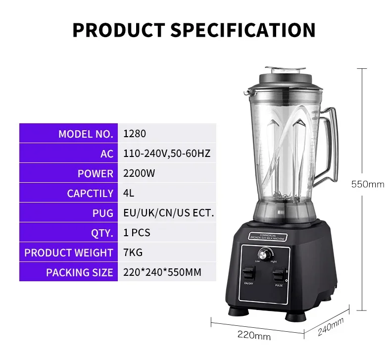 Large 4L Capacity Commercial Heavy Duty Magic Blender Variable Speed Smoothie and Ice Crusher for  and Hotel Use