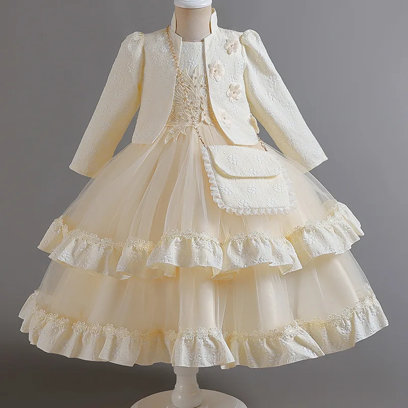 Two-piece Suit Princess Baby Girls Long Sleeve Dresses for Xmas Party Wedding Lace Dresses Birthday Princess White Baptism Dress