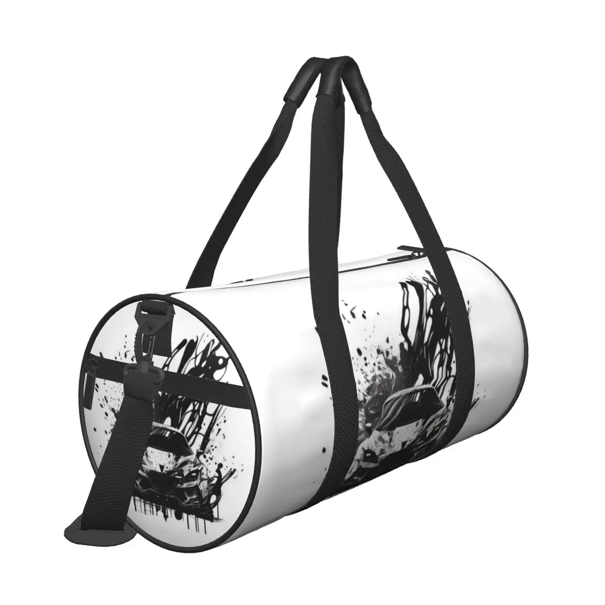 Hot Sale White Sports Car In Black Ink Splatter Travel bag Hiking Tour Travel Camping Duffel