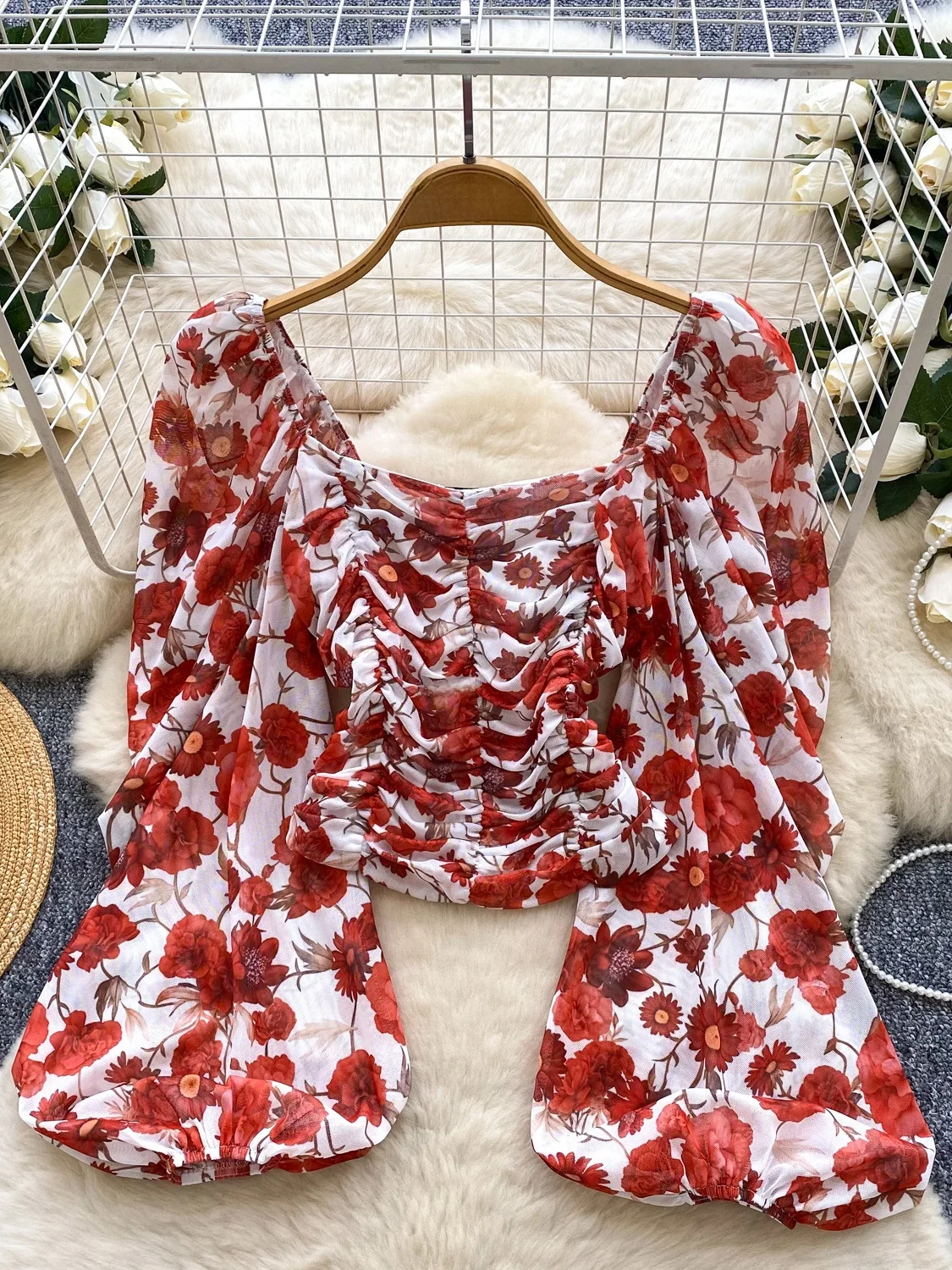 

Романтический топ с принтом и рукавами-фонариками для женщин, осенний, приталенный, модный, в корейском стиле, для сестринских групп