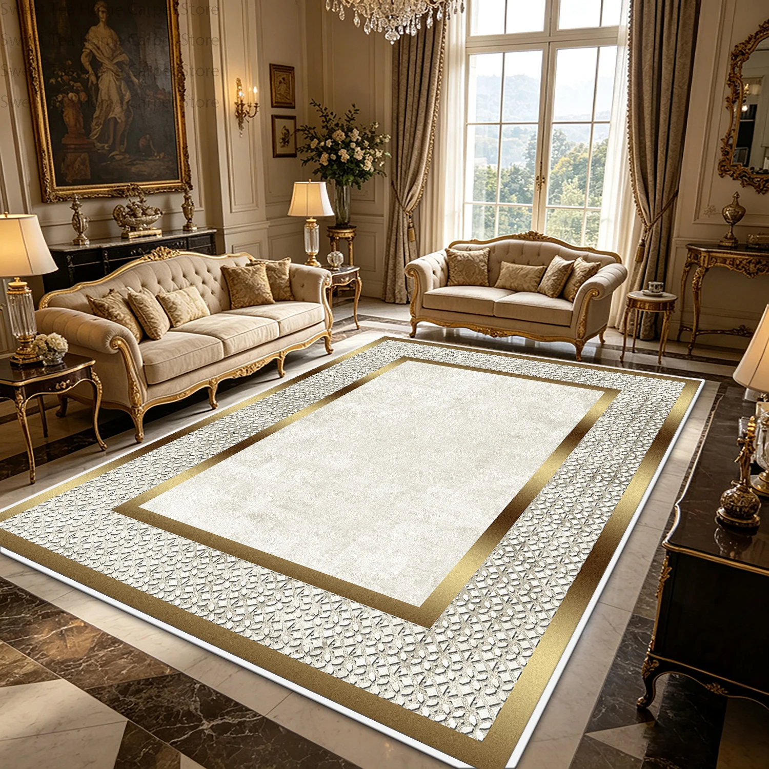 European Style Gold Marble Living Room Luxury Carpet Large Size Washable Non-slip Decoration Bedroom Mat Soft Fluffy Office Rug