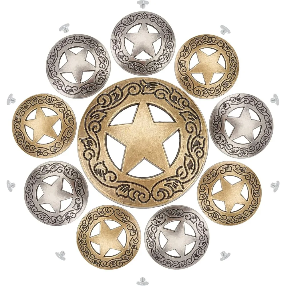 

10 комплектов завинчивающихся пуговиц с гравировкой звезды Кончо, полые декоративные пуговицы, круглые винтажные бронзовые и серебряные металлические наборы для изготовления