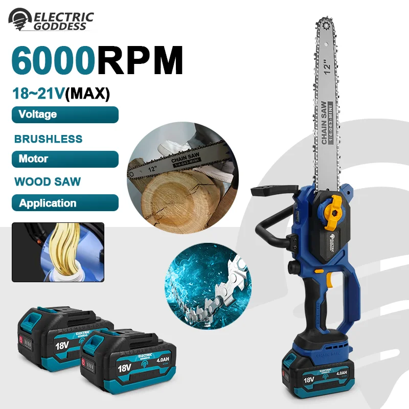 

Electric Goddess 12 inch Brushless Electric Chain Saw Rechargeable Handheld Trimming Woodworking Saw 21V Makita Tools Battery