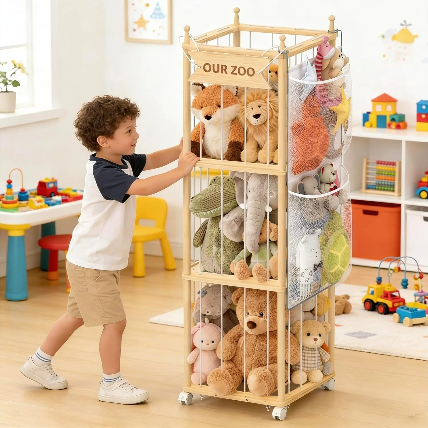 

Wooden Stuffed Animal Storage with Wheels and Hanging Net for Kids Bedroom