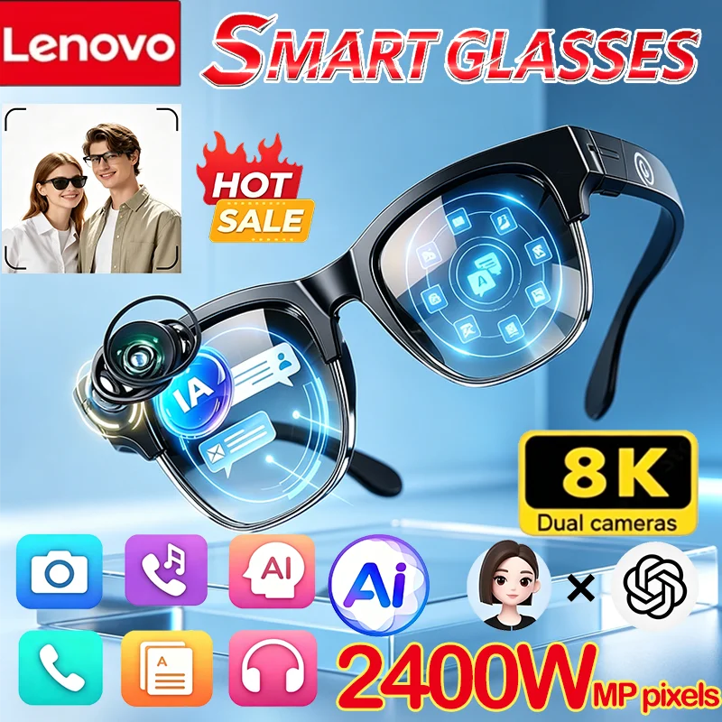 Gafas Inteligentes Lenovo 2400MP 8KHD con IA, Traducción de Video, Llamadas con Manos Libres, Registro de Conversaciones con IA, Reproducción de Música, Gafas de Sol