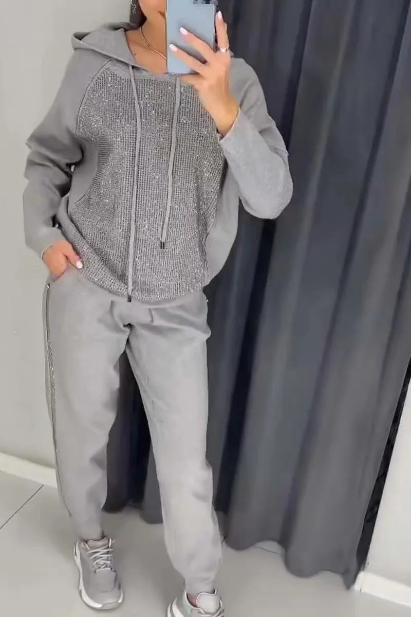 

Fashion Sequins Patchwork Women's Suits Sport Drawstring Hooded Sweatshirt And Long Pants Sets Autumn Winter Loose 2pcs Outfits