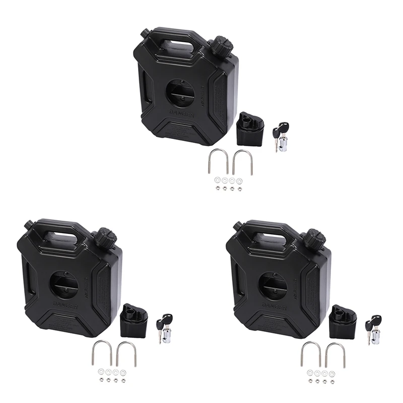 3X 5L Liters Black Fuel Tank Can Car Motorcycle Spare Petrol Oil Tank Backup Jerrycan Fuel-Jugs Canister With Lock & Key