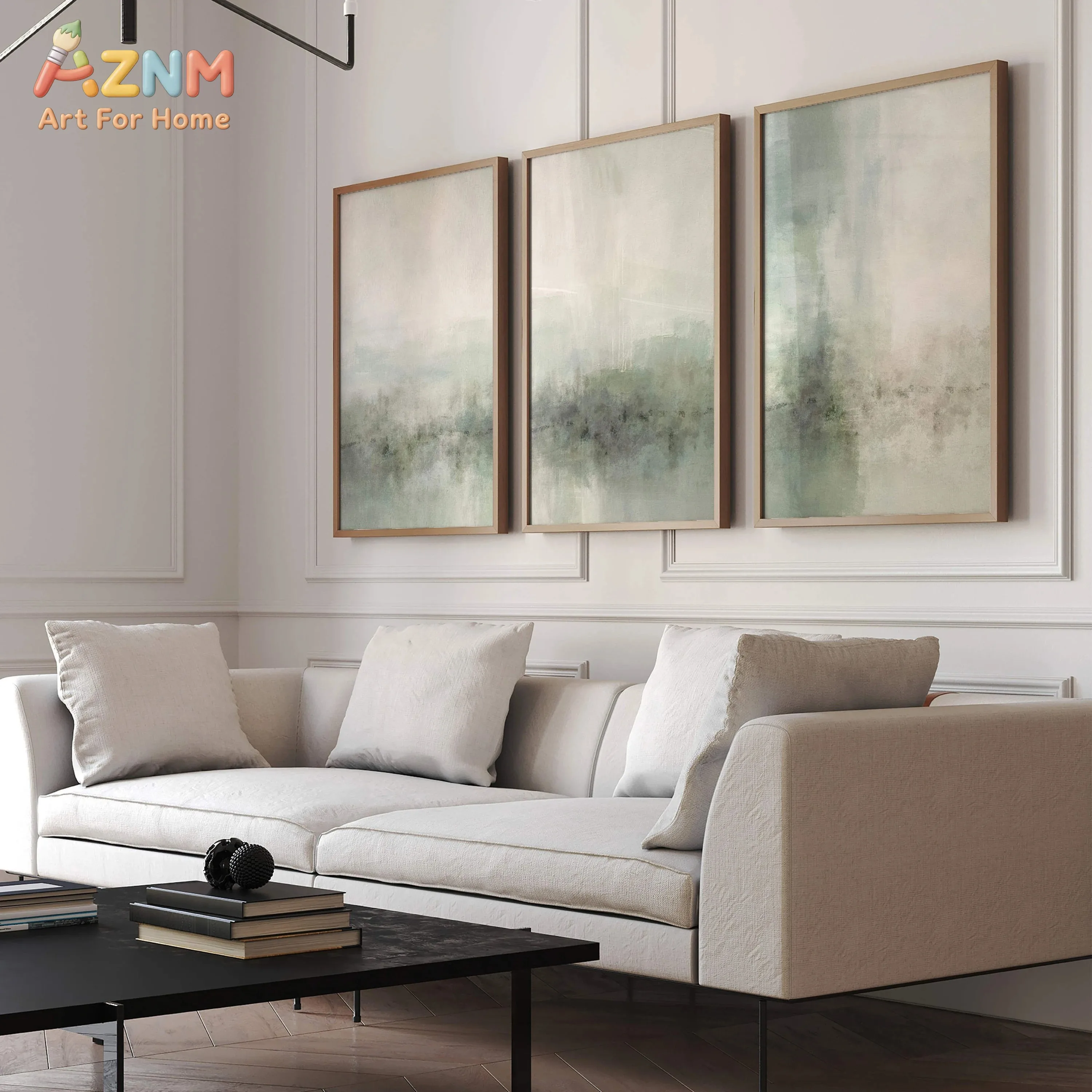 AZNM Sage Green Neutral Abstract Landscape Canvas Wall Art Soft Misty Watercolor Forest Scene Unframed Canvas Print Modern Livin