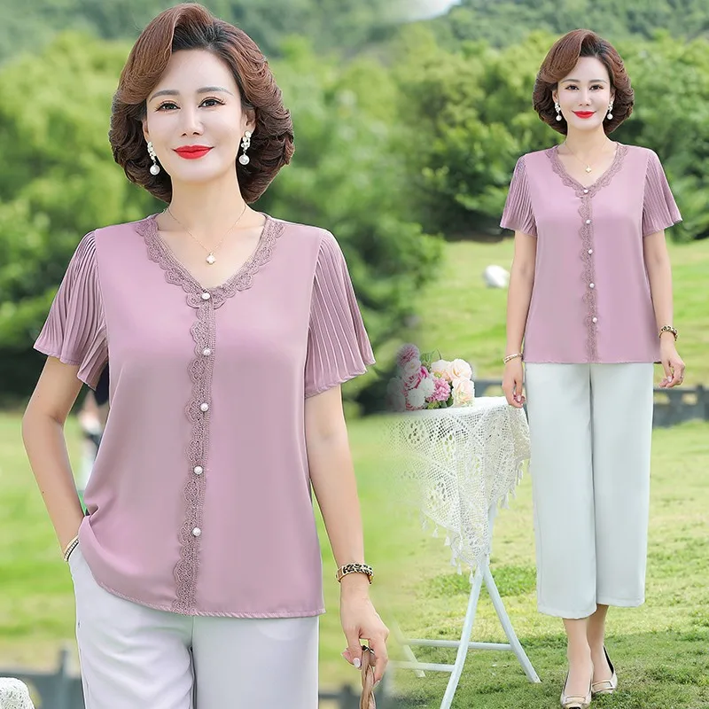 Summer New Fashion Solid Color Chiffon Shirt NEW V-Neck Short Sleeve Lace Pullover Shirt Korean Elegant Casual Blouse