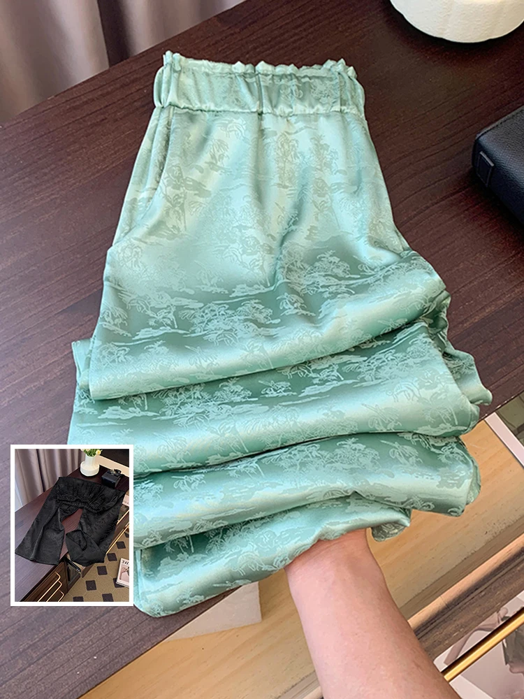 

Новые китайские женские атласные брюки с цветочным принтом, широкие, с высокой талией, повседневные, прямые, длинные, летние, для похудения