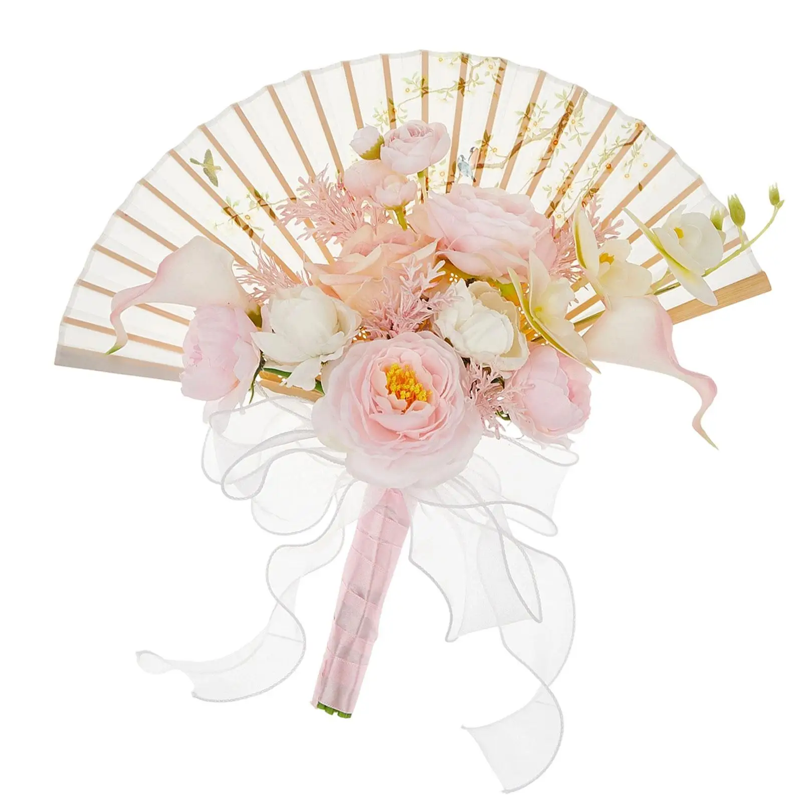 Elegant Silk Cloth Bridal Bouquet Fan for Wedding Bride Flower Decoration Gift
