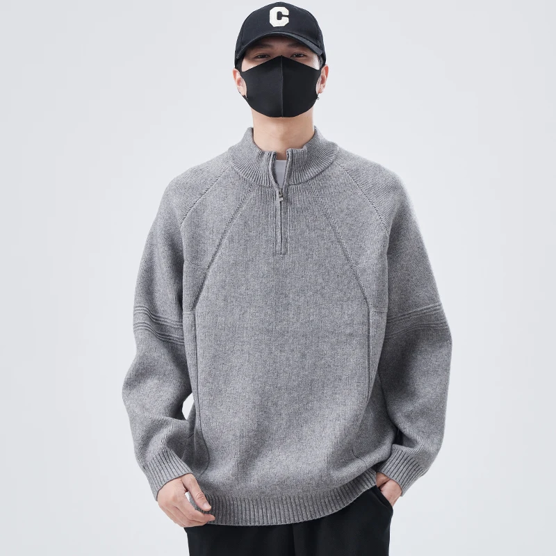 

Утолщенный теплый свитер на молнии с длинными рукавами, мужской однотонный пуловер, вязаный свитер, толстая футболка с высоким воротником.